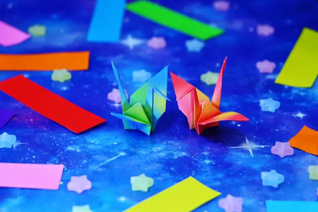 photo: japanese origami cranes and star decorations for the tanabata star festival